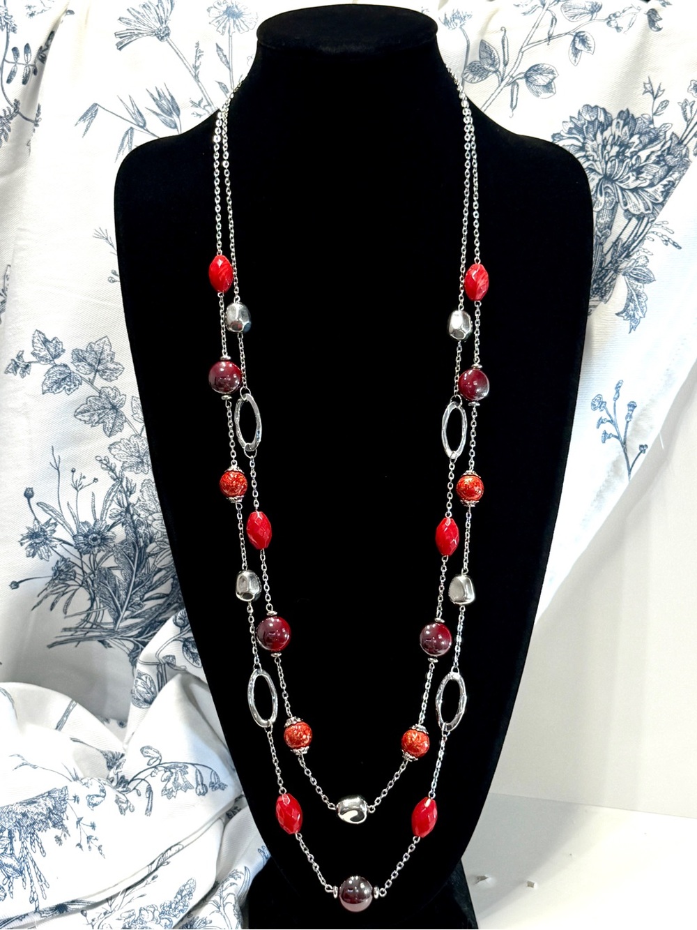 Chico’s Red Silver-Tone Layered Station Necklace New